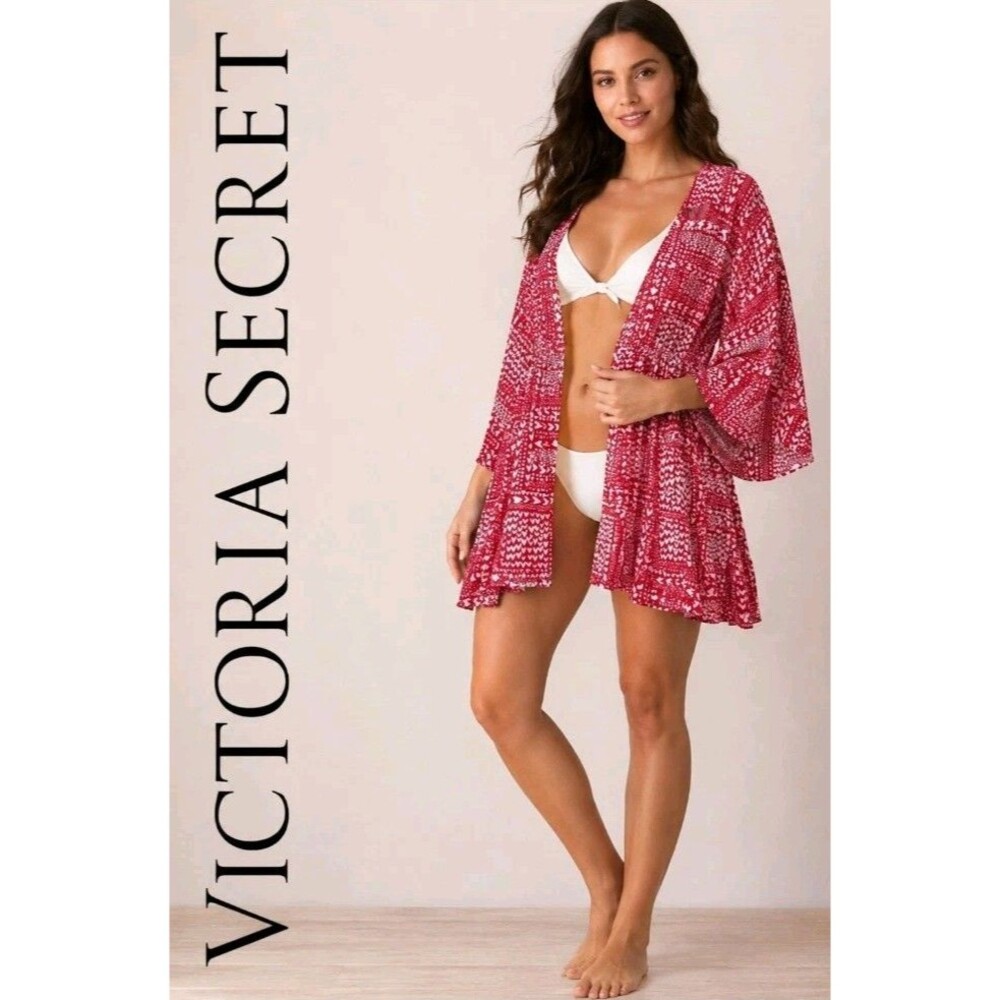 Victoria's Secret Red Heart Print Kimono Cinch Waist Robe Cover Up One Size